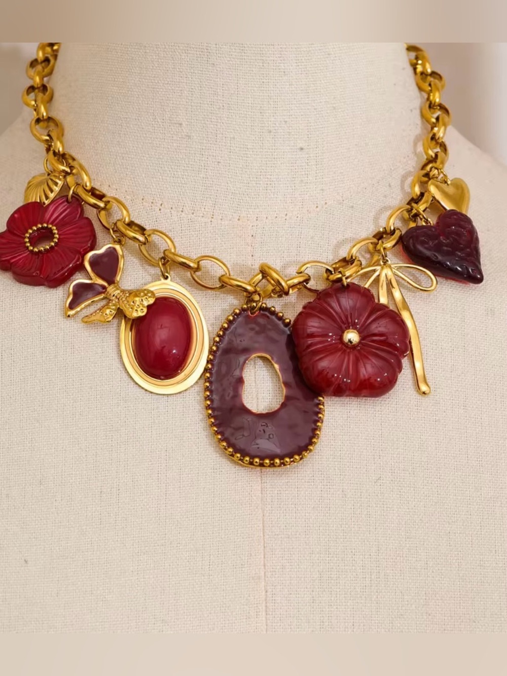 Burgundy Charm Statement Necklace | Gold Plated Chunky Chain | Necklace